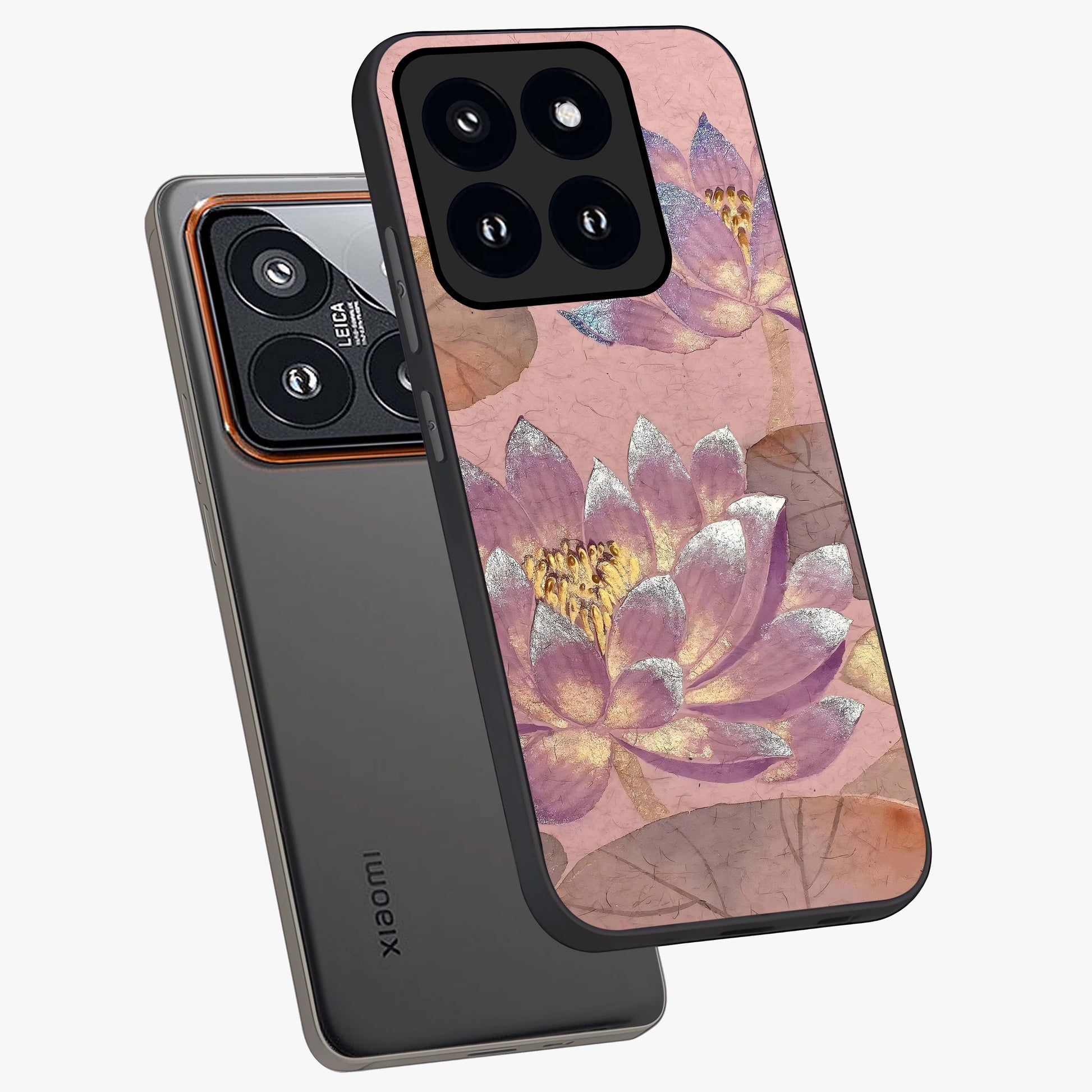 Blossom Mist Lotus Glass Case displayed in angled mockup highlighting delicate lotus illustration with calm aesthetic theme.