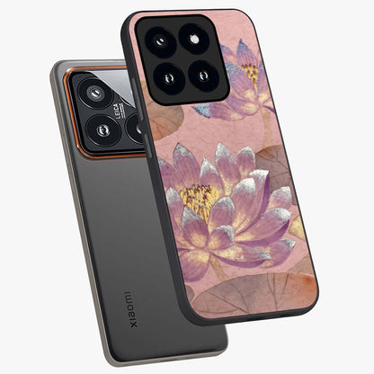 Blossom Mist Lotus Glass Case displayed in angled mockup highlighting delicate lotus illustration with calm aesthetic theme.