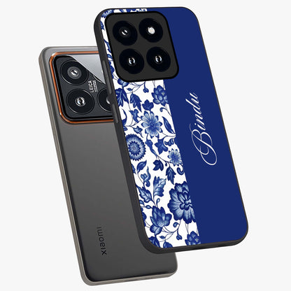 Blue Vintage Floral Pattern Glass Case displayed in angled mockup highlighting subtle bloom pattern with aesthetic pastel design.