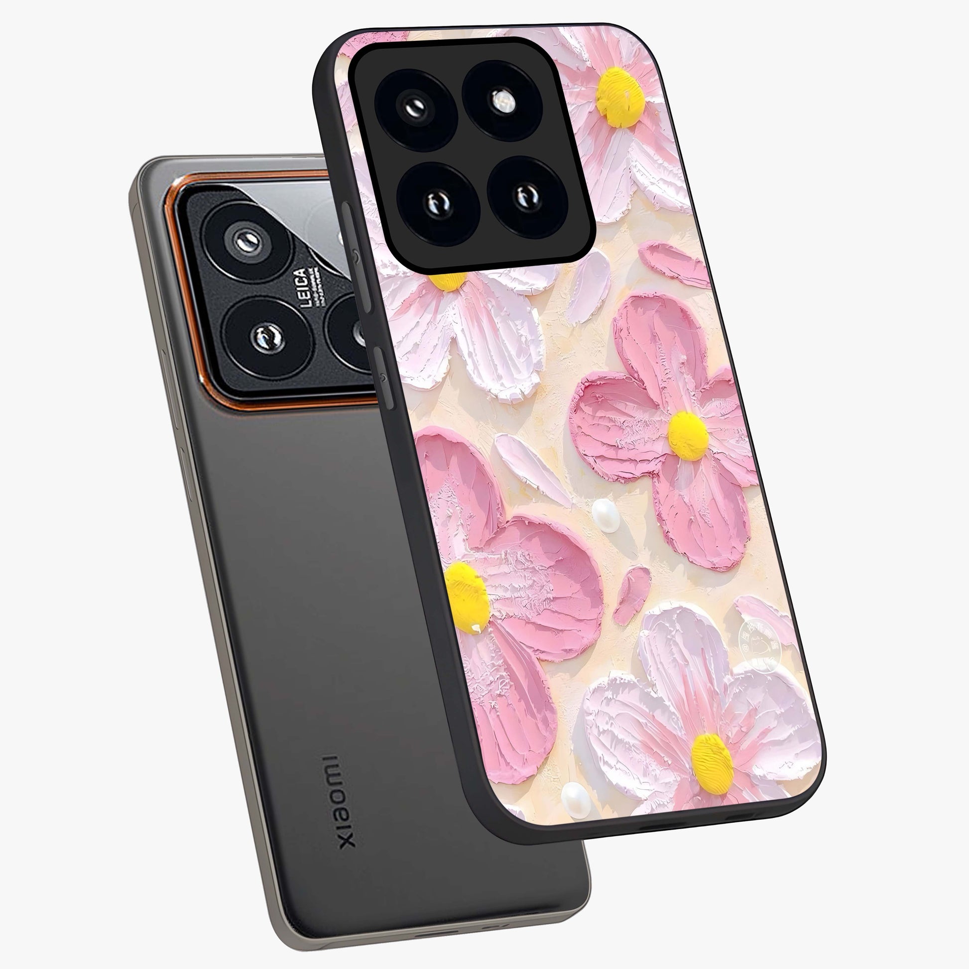 Blush Bloom Texture Glass Case displayed in angled mockup highlighting subtle bloom pattern with aesthetic pastel design.