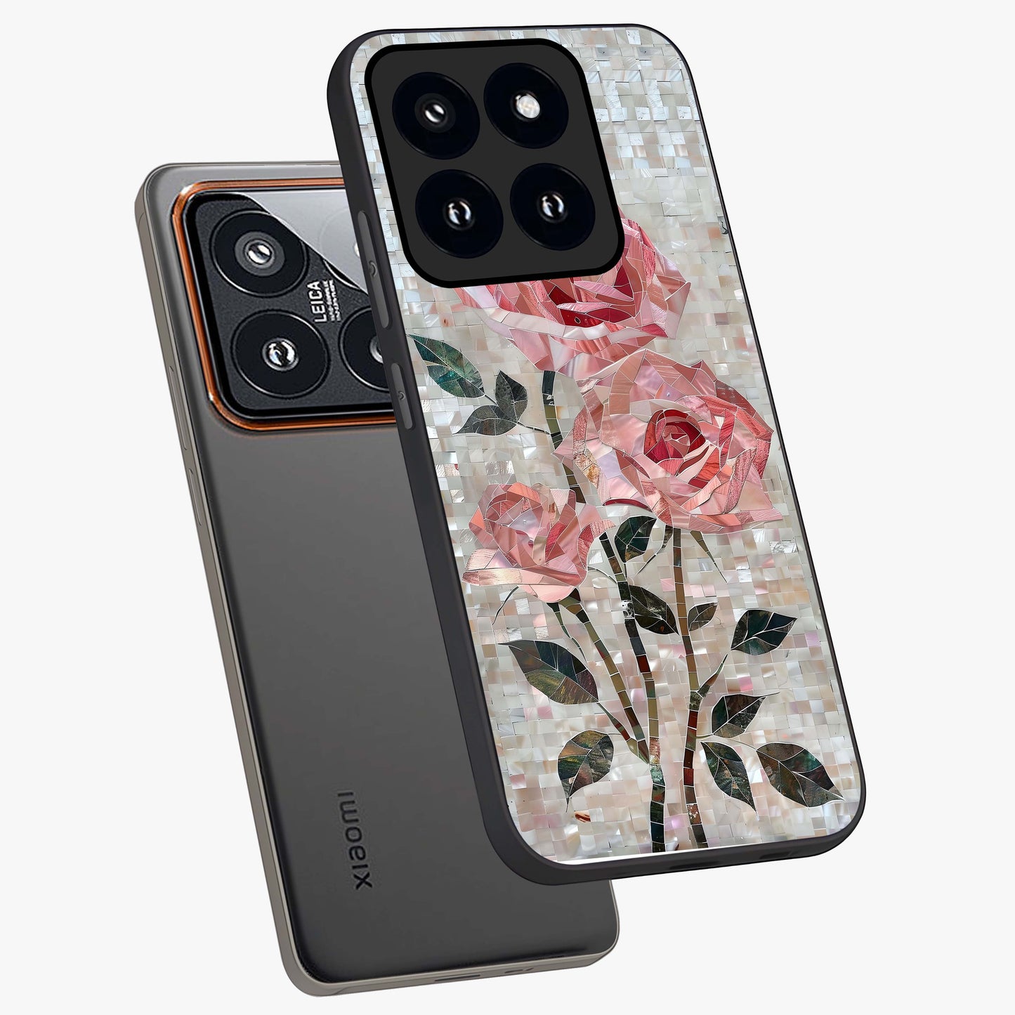 Blush Mosaic Bloom Glass Case displayed in angled mockup highlighting artistic mosaic flower pattern with aesthetic design.