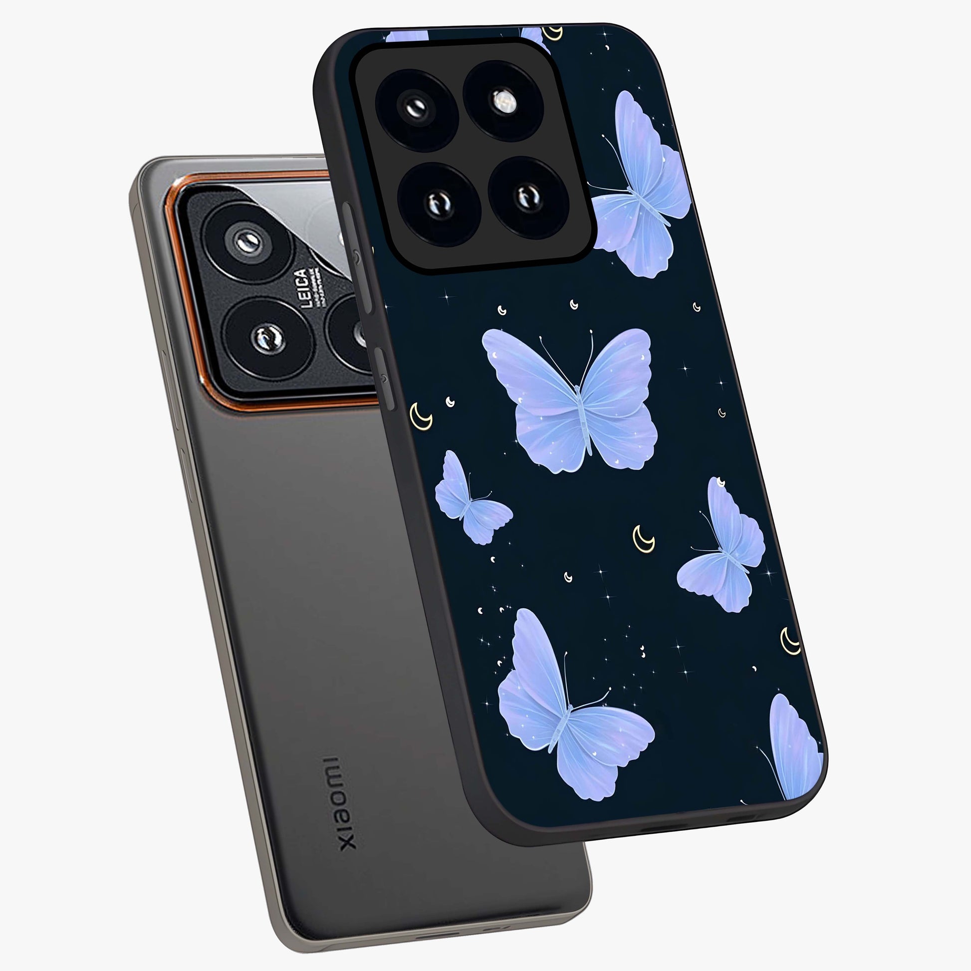 Butterfly With Stars Pattern Glass Case displayed in angled mockup highlighting dreamy butterfly and star design with aesthetic theme.