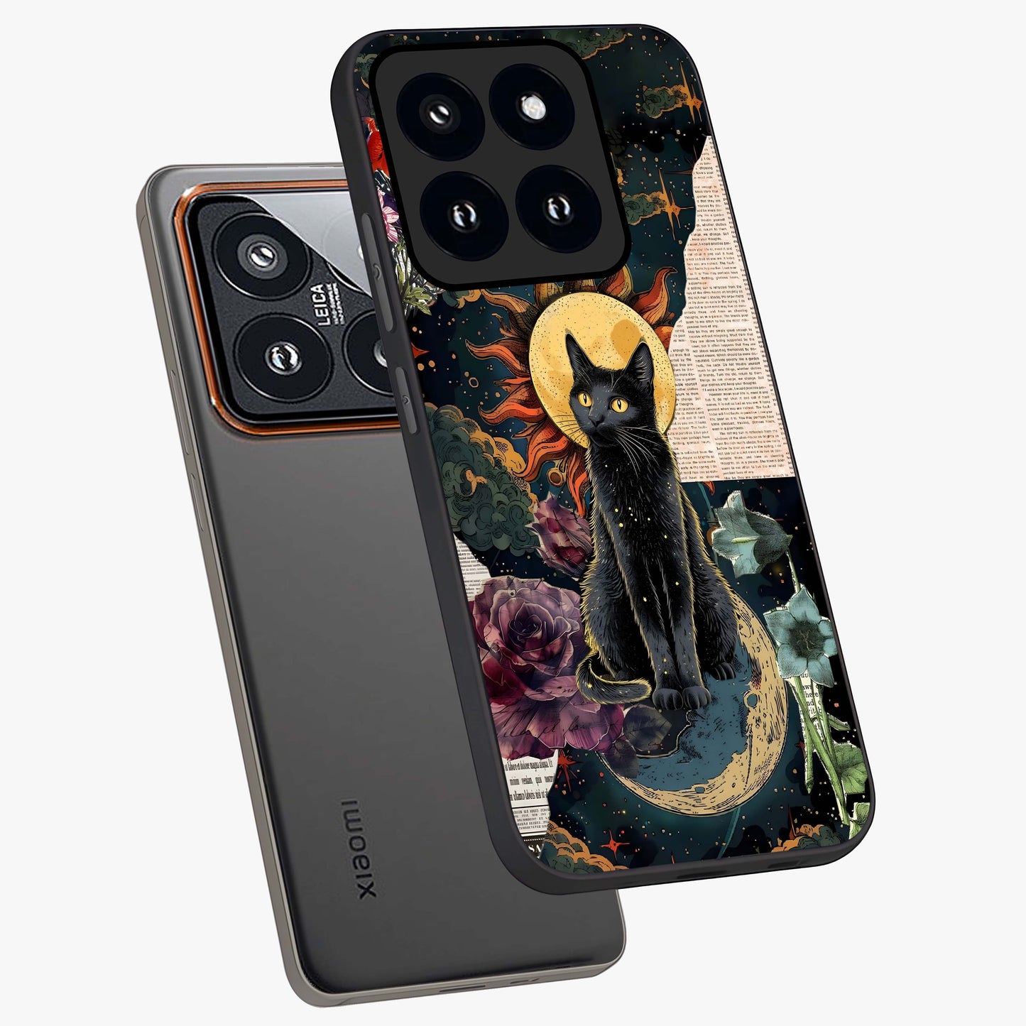 Celestial Black Cat Glass Case displayed in angled mockup highlighting cosmic black cat design with celestial aesthetic.