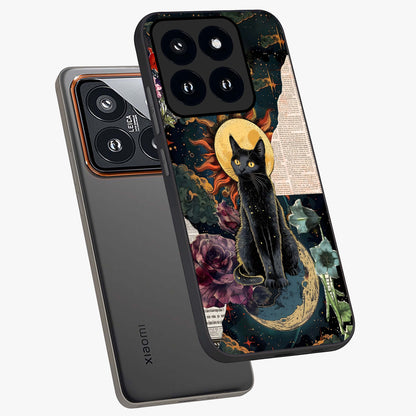 Celestial Black Cat Glass Case displayed in angled mockup highlighting cosmic black cat design with celestial aesthetic.
