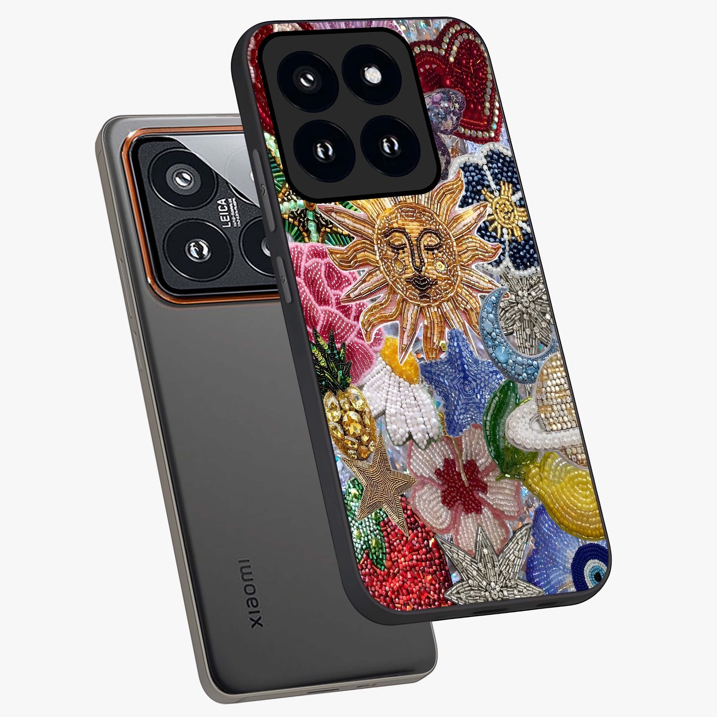Celestial Floral and Playful Glass Case displayed in angled mockup highlighting playful floral design with dreamy celestial elements.