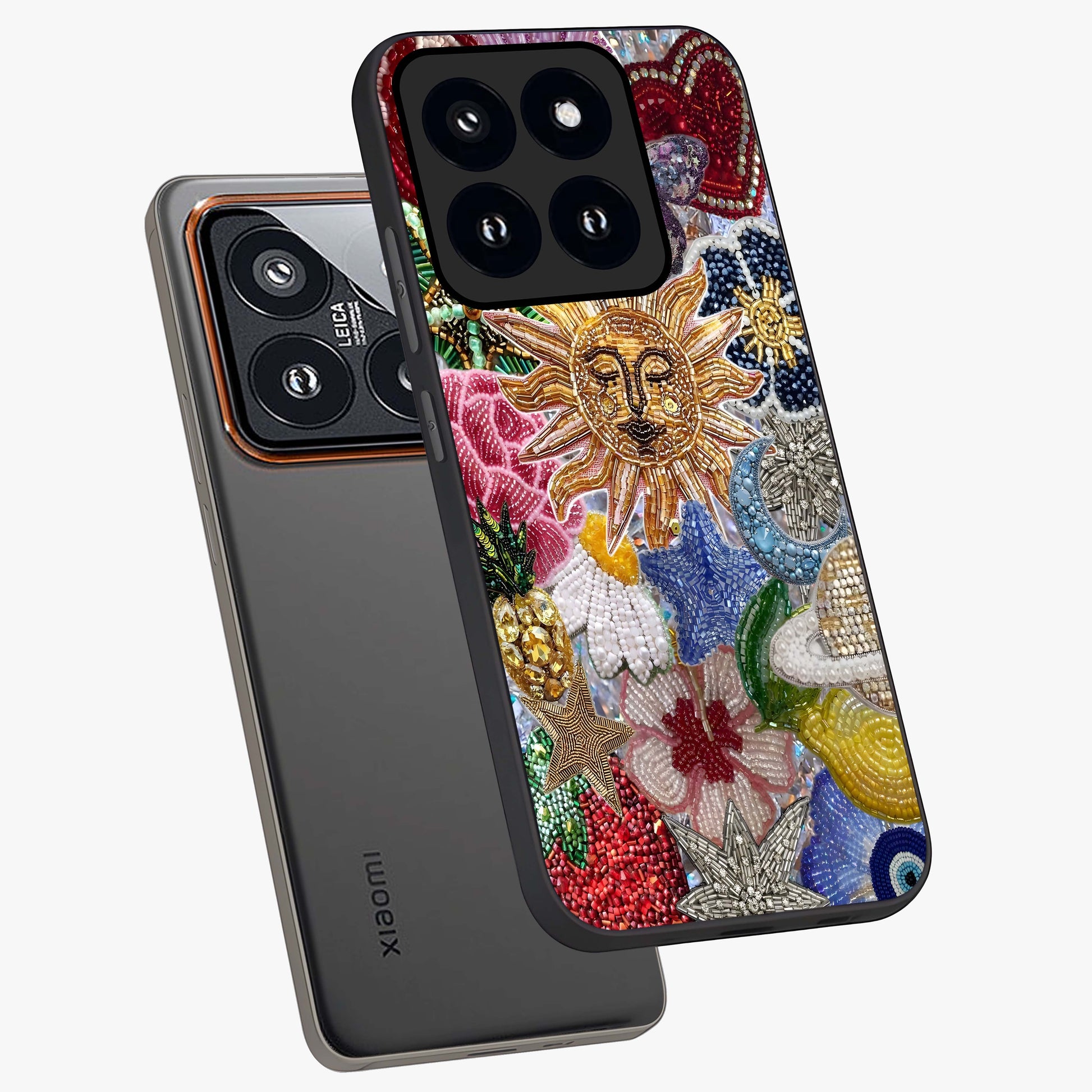 Celestial Floral and Playful Glass Case displayed in angled mockup highlighting playful floral design with dreamy celestial elements.