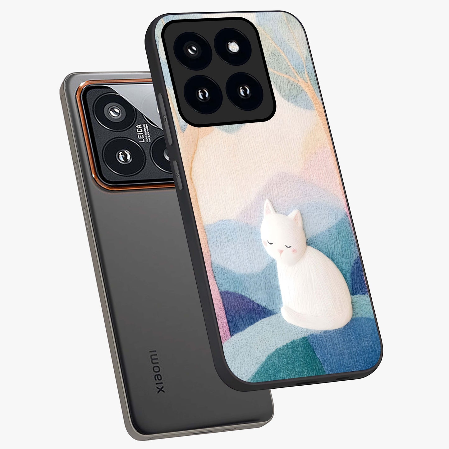 Cotton Dream Cat Glass Case displayed in angled mockup highlighting cute feline illustration with pastel aesthetic style.