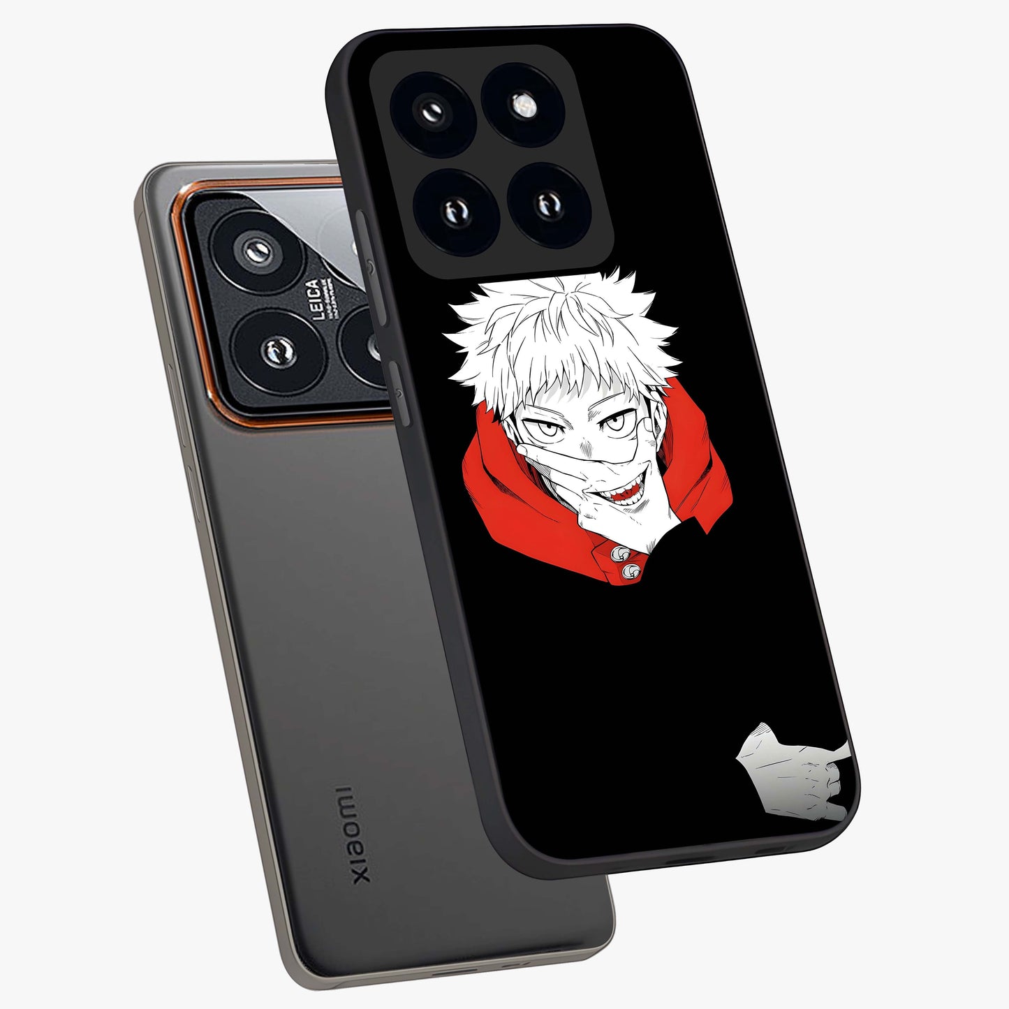 Crimson Chaos Smile Glass Case displayed in angled mockup highlighting edgy crimson smile design with graphic aesthetic.