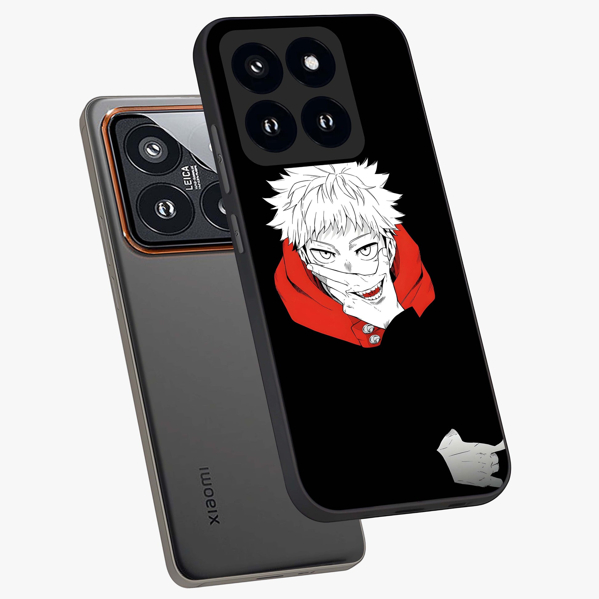 Crimson Chaos Smile Glass Case displayed in angled mockup highlighting edgy crimson smile design with graphic aesthetic.