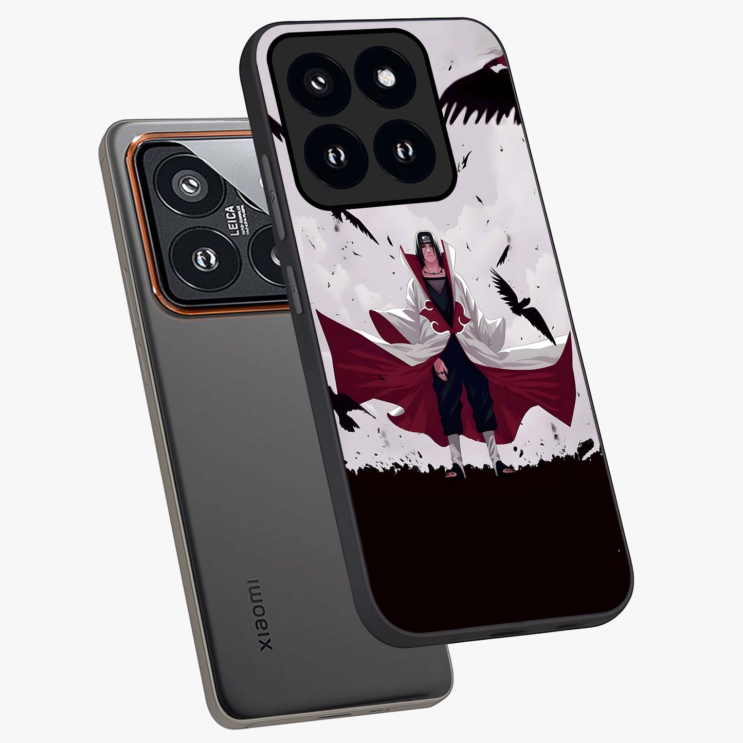 Crimson Crow Ascension Glass Case displayed in angled mockup highlighting powerful crow illustration with dark crimson aesthetic.