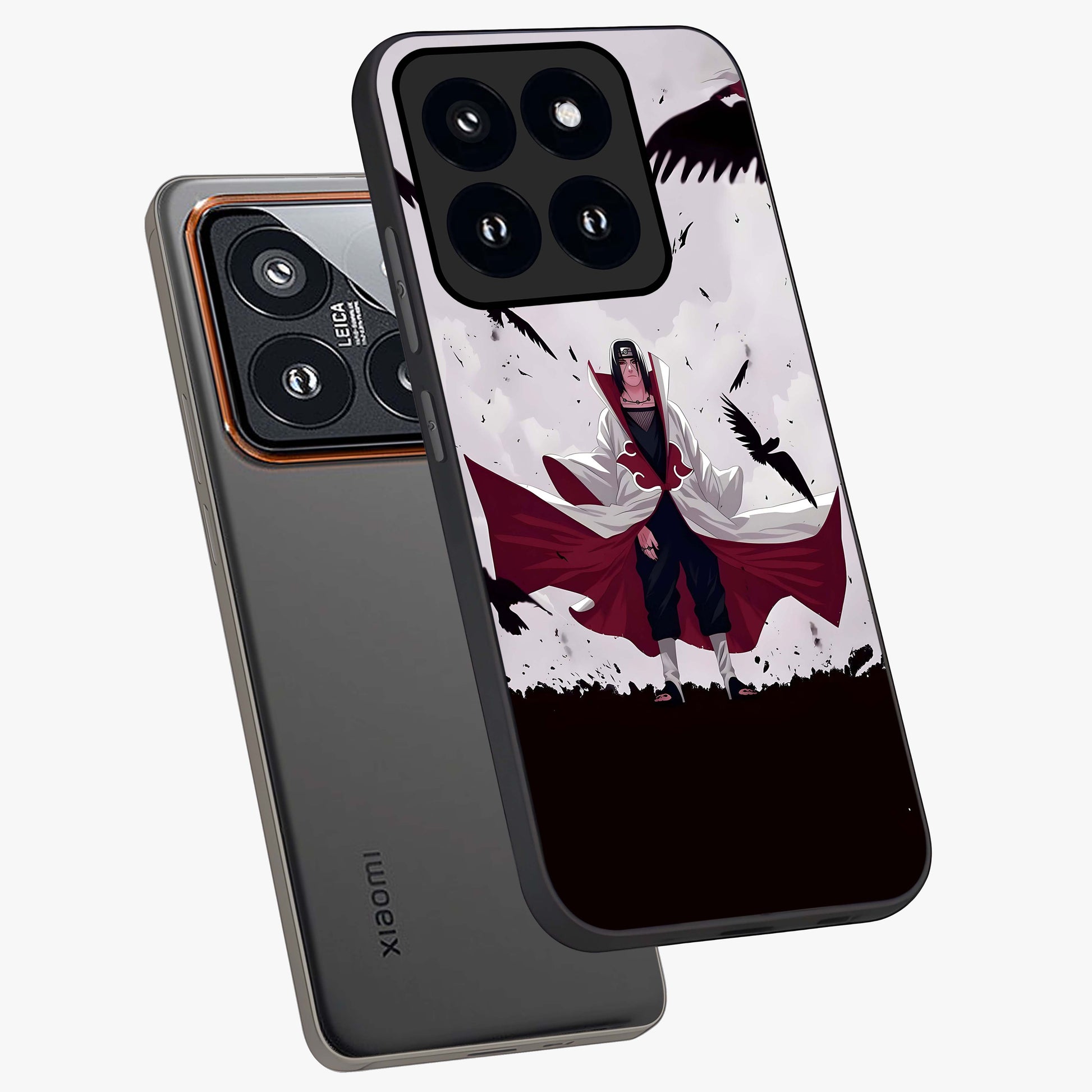 Crimson Crow Ascension Glass Case displayed in angled mockup highlighting powerful crow illustration with dark crimson aesthetic.