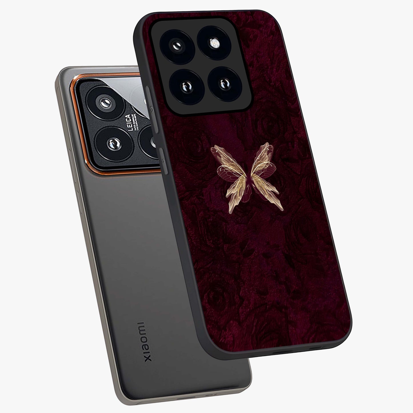 Crimson Fade Butterfly Glass Case displayed in angled mockup highlighting elegant butterfly design with crimson gradient aesthetic.
