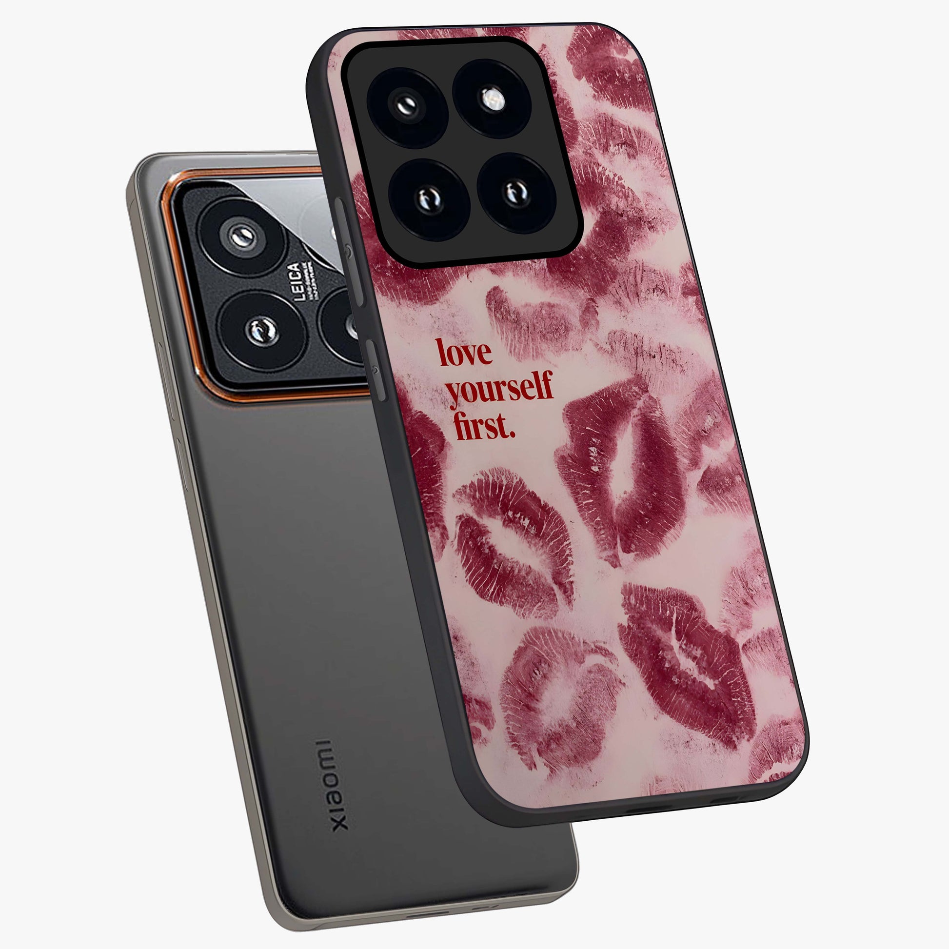 Crimson Kiss Love Glass Case displayed in angled mockup highlighting bold love inspired design with modern aesthetic style.