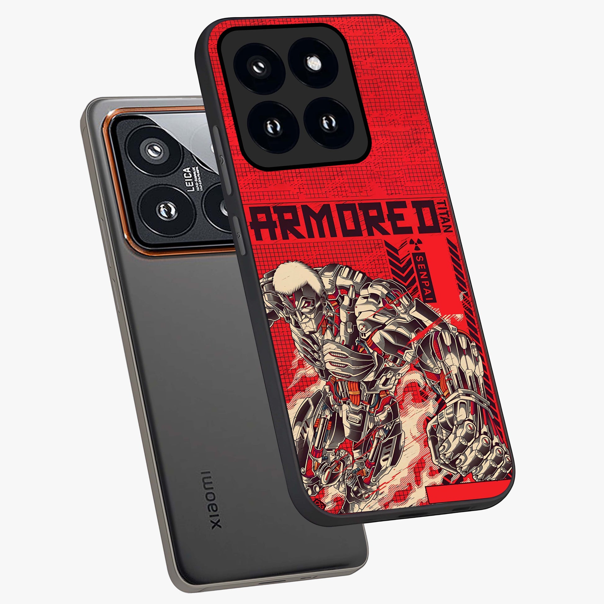 Crimson Mecha Titan Glass Case displayed in angled mockup highlighting futuristic mech illustration with bold crimson aesthetic.
