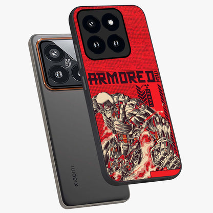 Crimson Mecha Titan Glass Case displayed in angled mockup highlighting futuristic mech illustration with bold crimson aesthetic.