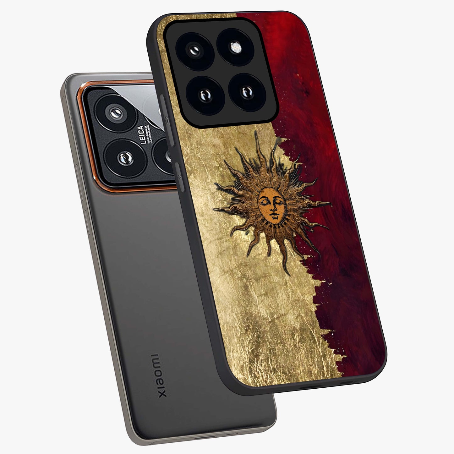 Crimson Sun Majesty Glass Case displayed in angled mockup highlighting majestic crimson sun design with bold aesthetic style.