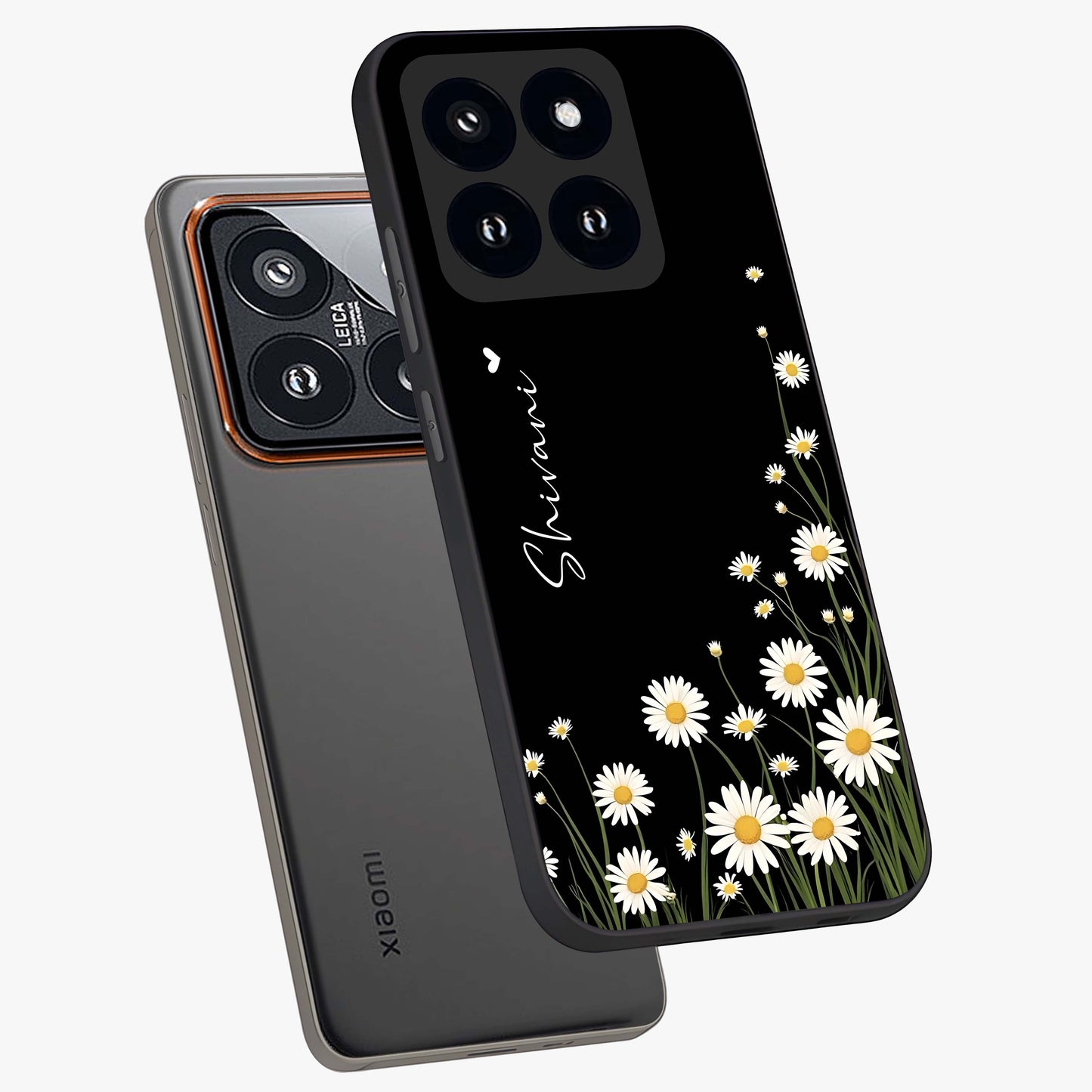 Daisy Cascade Custom Name Glass Case displayed in angled mockup highlighting delicate daisy artwork with custom name feature.