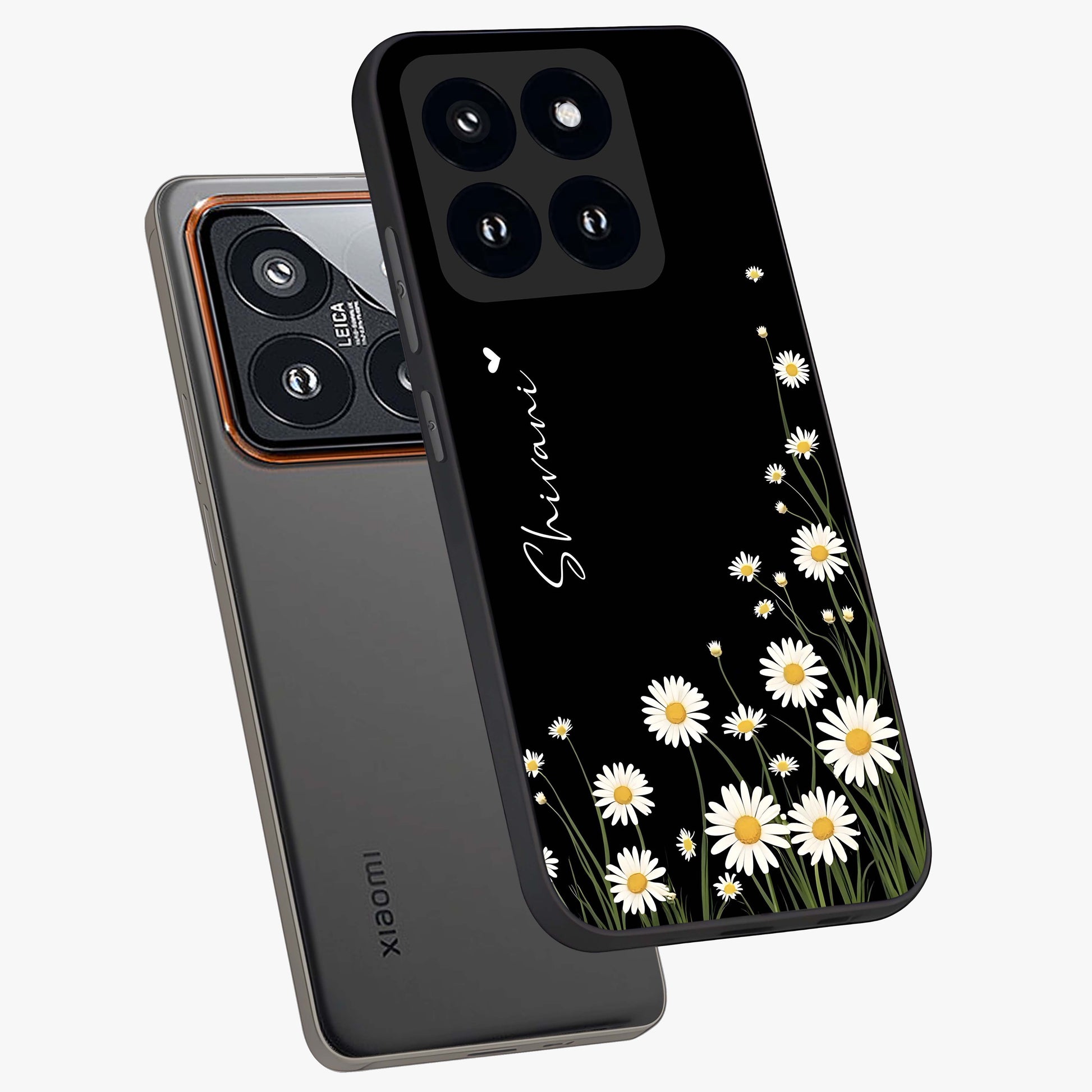 Daisy Cascade Custom Name Glass Case displayed in angled mockup highlighting delicate daisy artwork with custom name feature.