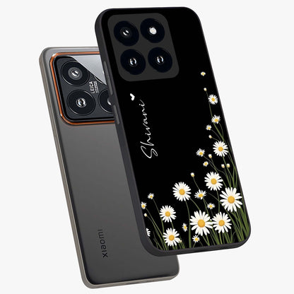 Daisy Cascade Custom Name Glass Case displayed in angled mockup highlighting delicate daisy artwork with custom name feature.
