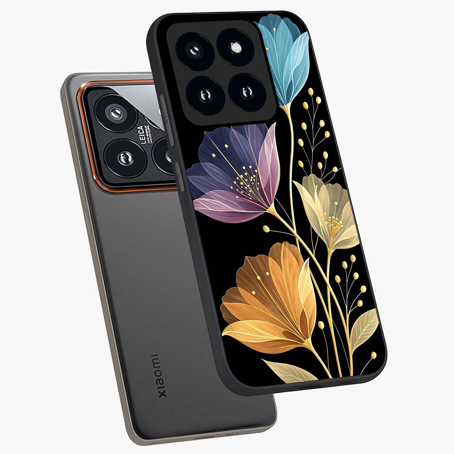 Delicate Multicolor Flowers Glass Case displayed in angled mockup highlighting colorful flower pattern with soft aesthetic style.