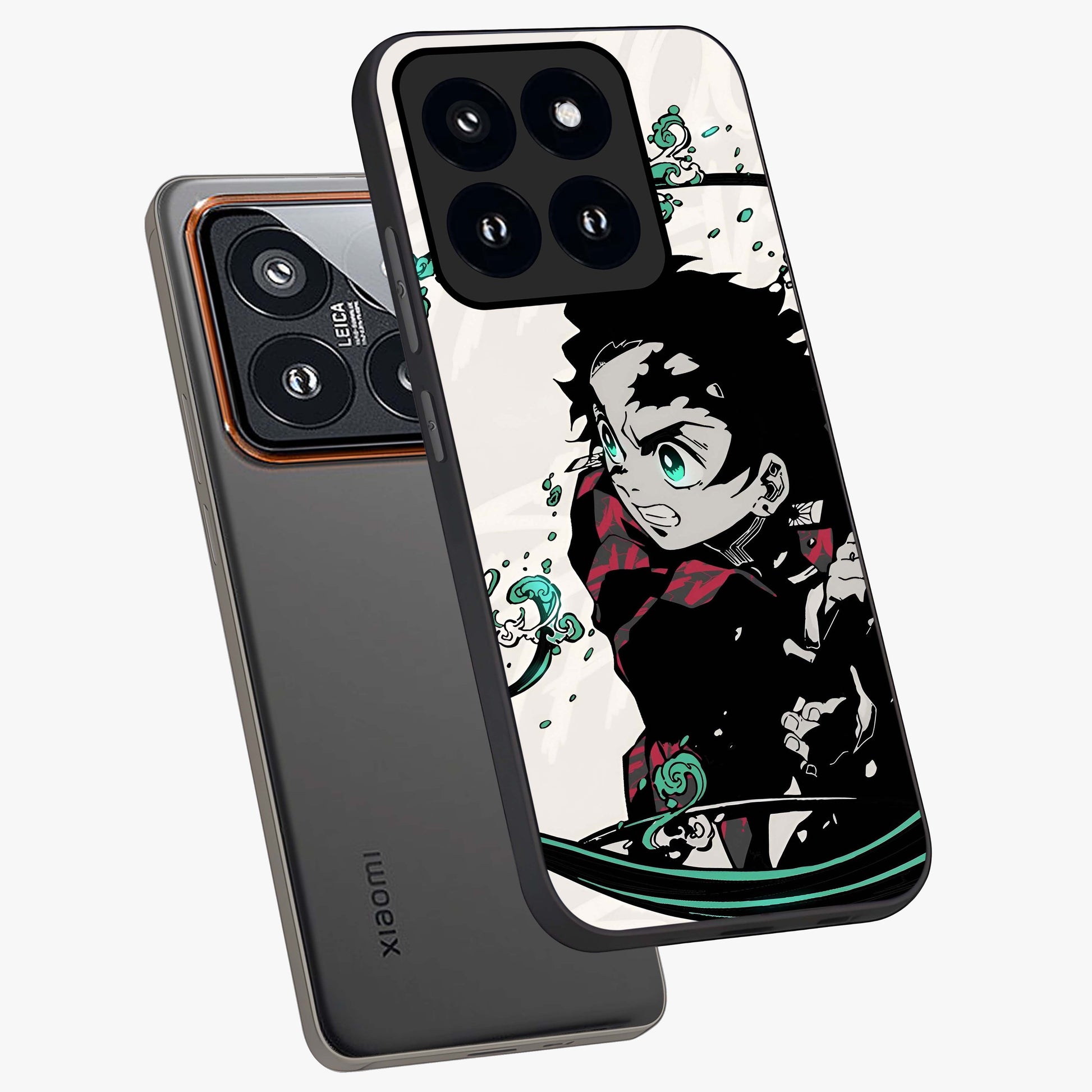 Demon Slayer Glass Case displayed in angled mockup highlighting dramatic anime character design with action aesthetic.