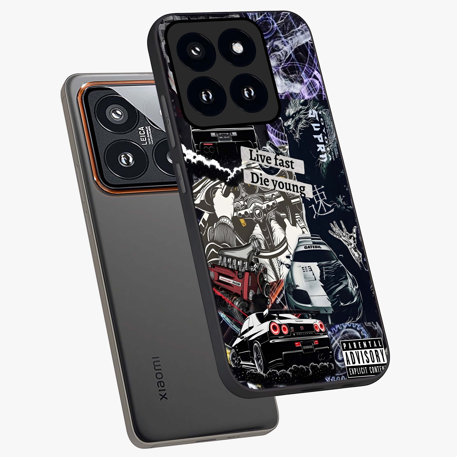 Die Young Glass Case displayed in angled mockup highlighting expressive graphic artwork with edgy aesthetic style.