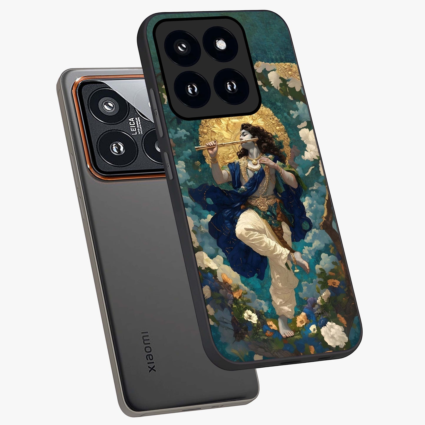 Divine Krishna Art Glass Case displayed in angled mockup highlighting spiritual Krishna illustration with devotional aesthetic.