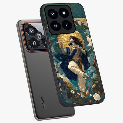 Divine Krishna Art Glass Case displayed in angled mockup highlighting spiritual Krishna illustration with devotional aesthetic.
