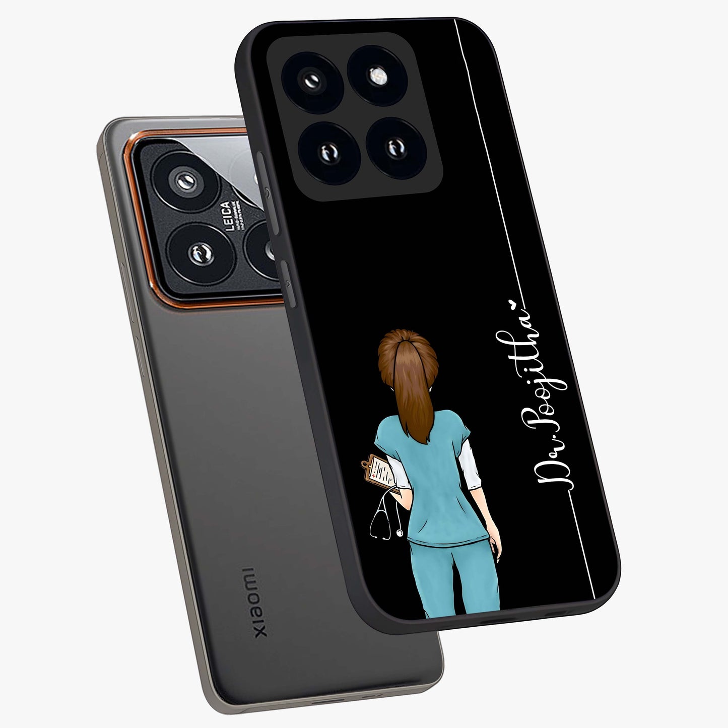 Doctor Pattern Custom Name Glass Case displayed in angled mockup highlighting doctor inspired artwork with custom name feature.