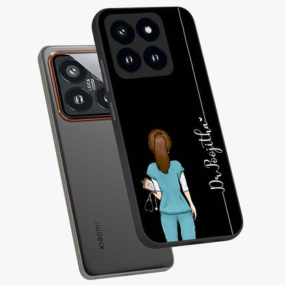 Doctor Pattern Custom Name Glass Case displayed in angled mockup highlighting doctor inspired artwork with custom name feature.