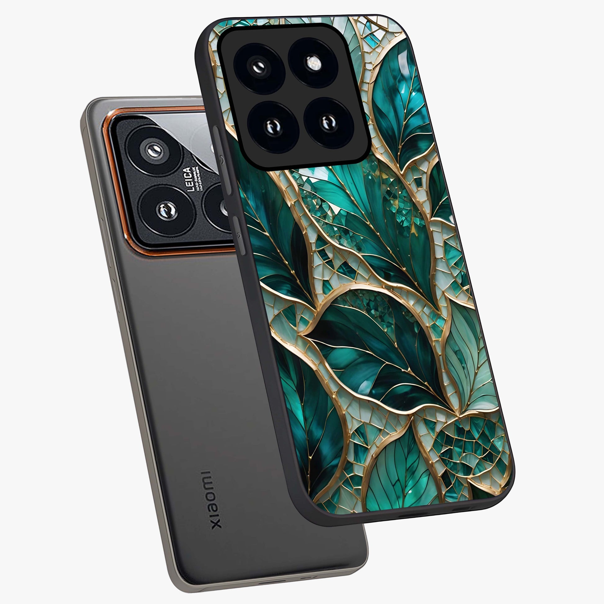 Emerald Leaf Glass Glass Case displayed in angled mockup highlighting botanical leaf illustration with elegant natural aesthetic.