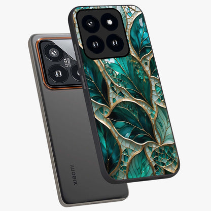 Emerald Leaf Glass Glass Case displayed in angled mockup highlighting botanical leaf illustration with elegant natural aesthetic.