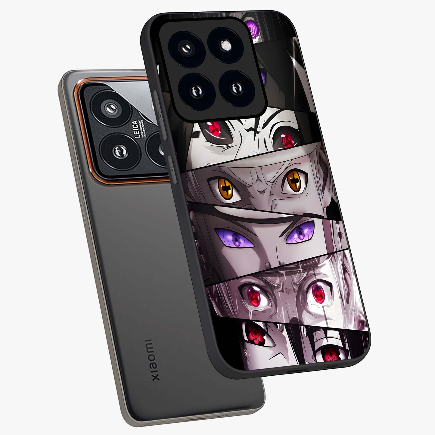 Eyes of Destiny Glass Case displayed in angled mockup highlighting bold eye illustration with mystical aesthetic style.