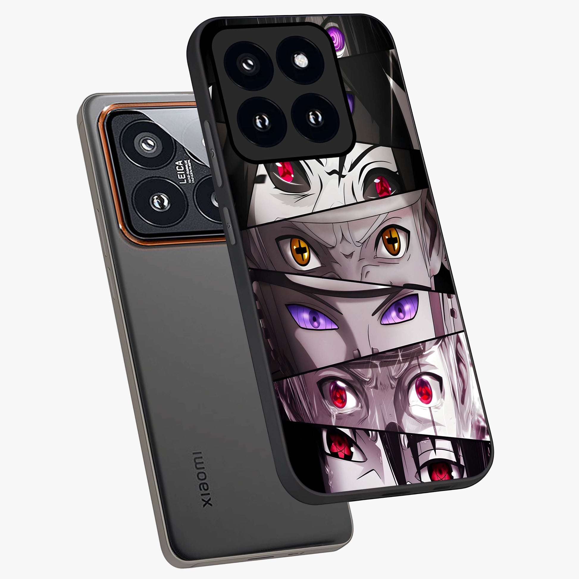 Eyes of Destiny Glass Case displayed in angled mockup highlighting bold eye illustration with mystical aesthetic style.