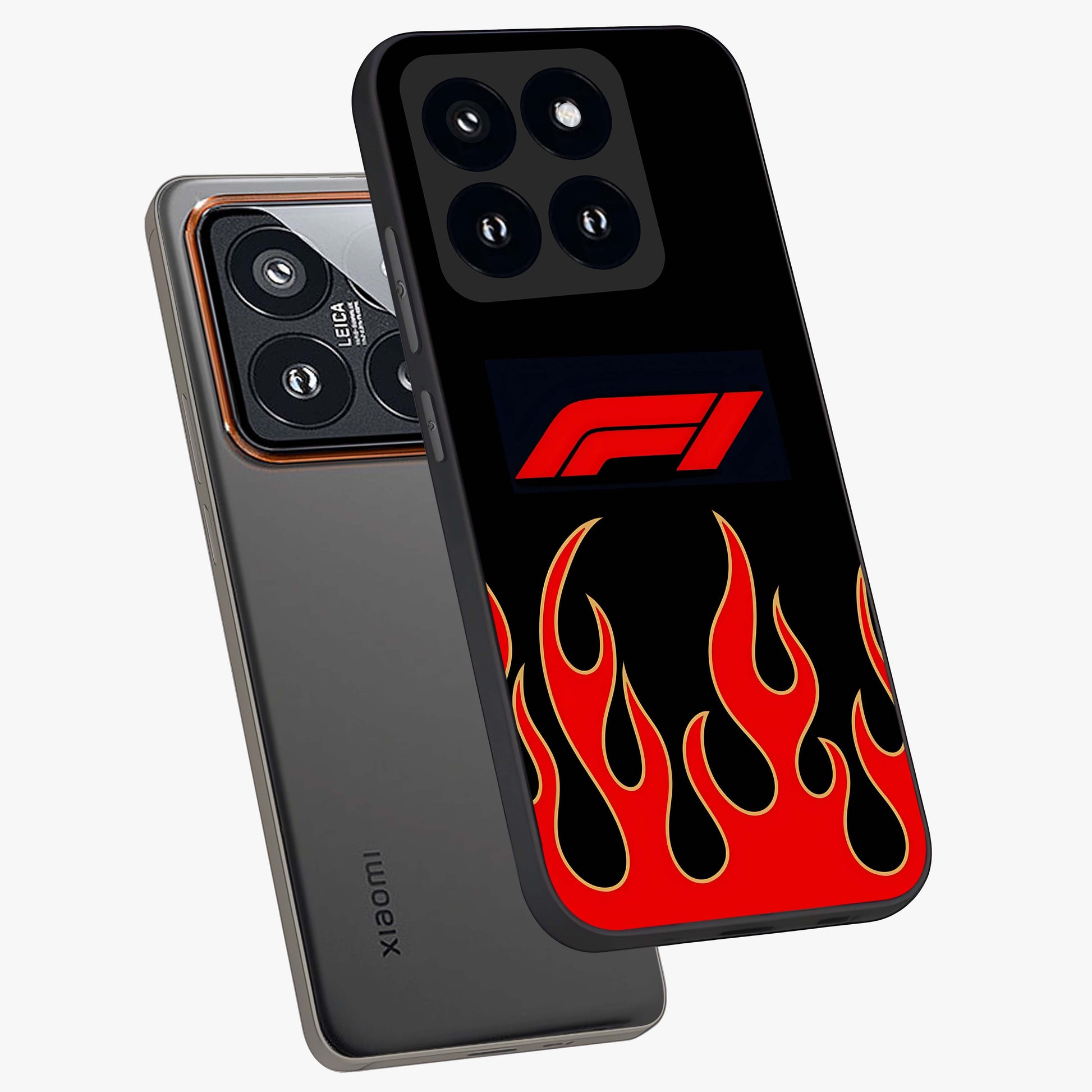 Fire F11 Glass Case displayed in angled mockup highlighting bold fire inspired graphic with energetic aesthetic style.