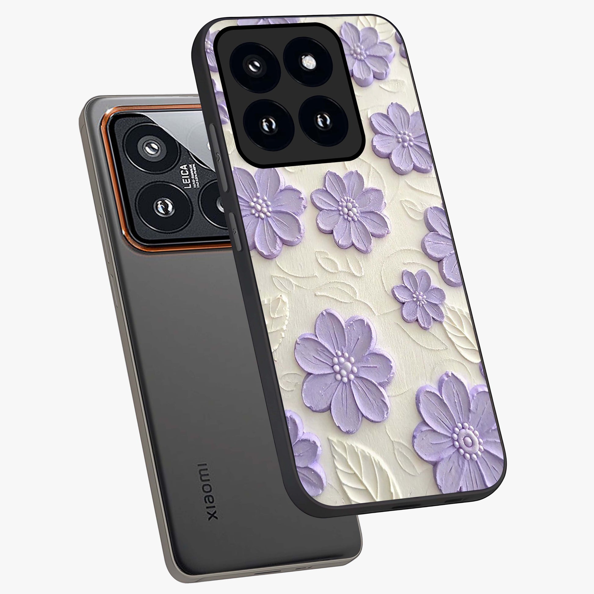 Floral Wall Art With Purple Flowers Glass Case displayed in angled mockup highlighting vibrant purple floral illustration with artistic aesthetic.