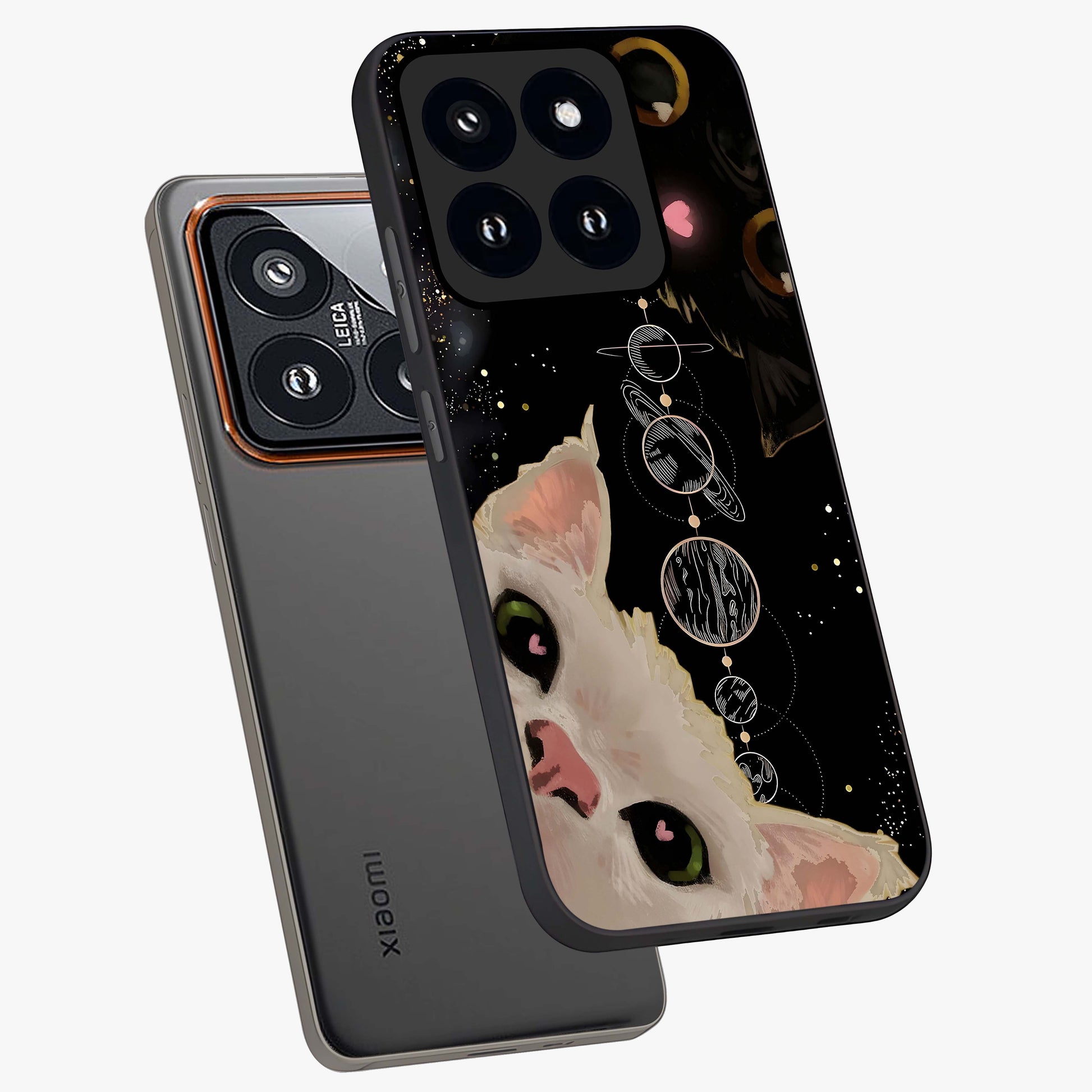 Galactic Cat Glass Case displayed in angled mockup highlighting celestial feline illustration with galaxy aesthetic style.