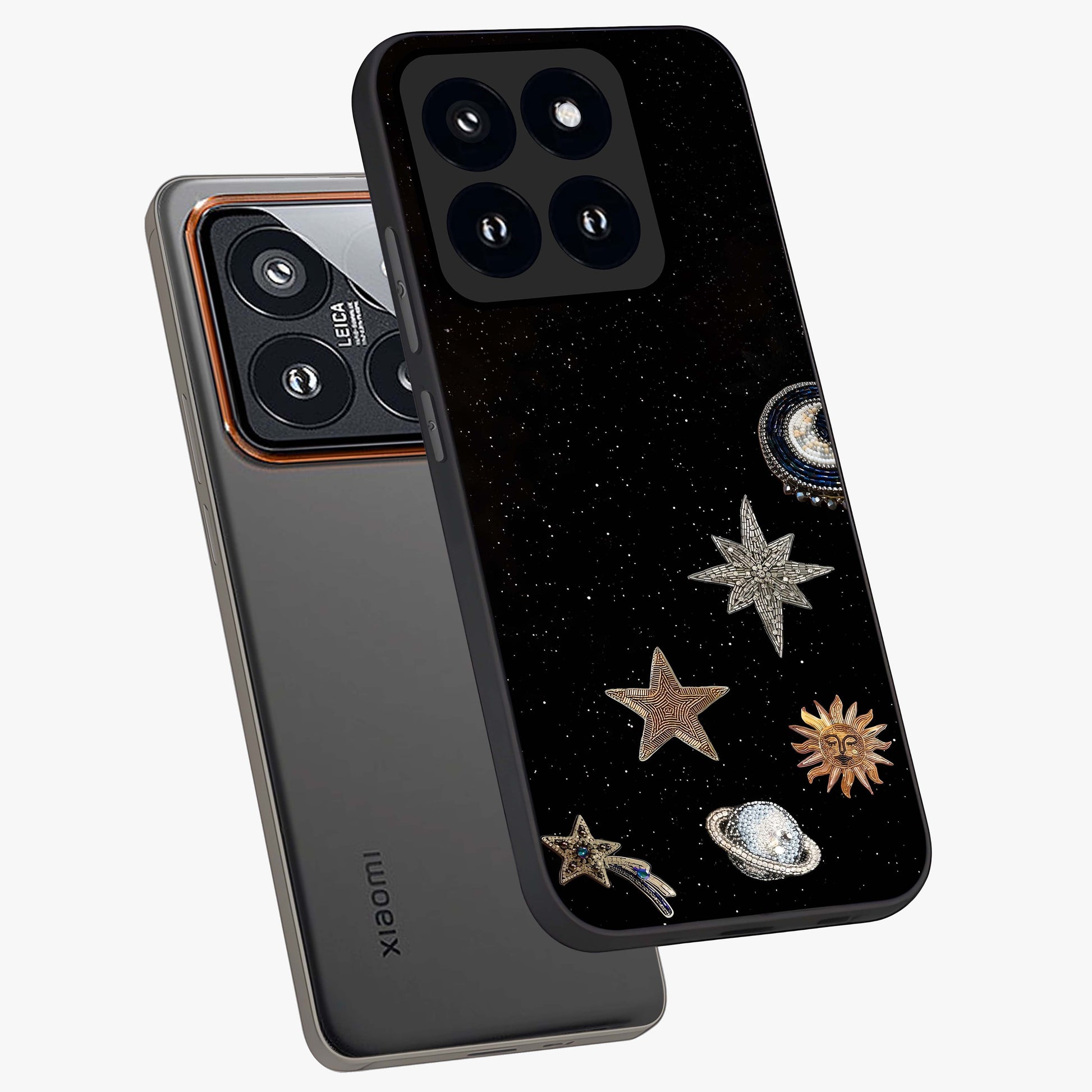 Galactic Charm Glow Glass Case displayed in angled mockup highlighting luminous galaxy inspired design with dreamy aesthetic.
