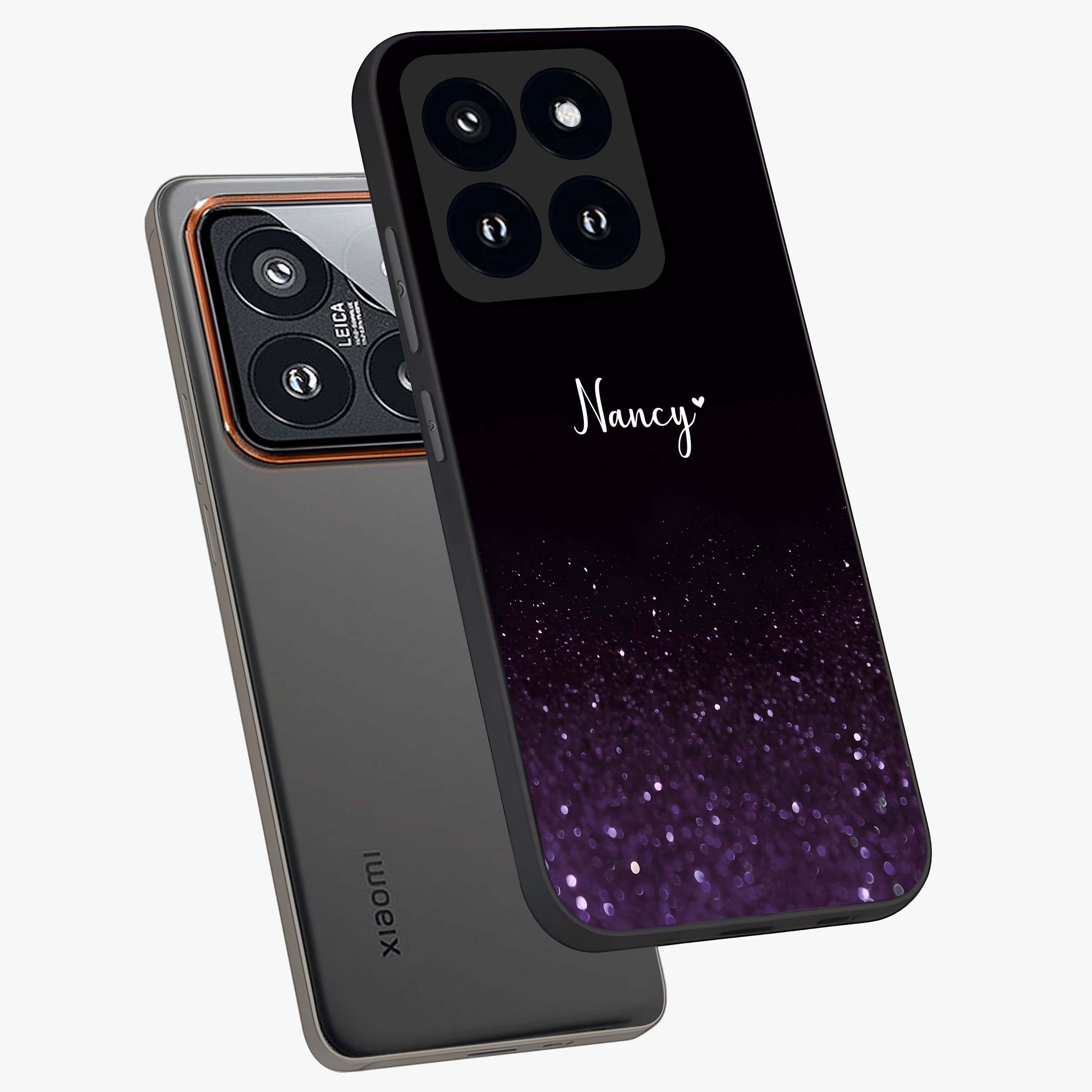 Glittery Purple Bokeh Custom Name Glass Case displayed in angled mockup highlighting glitter bokeh pattern with custom name feature.