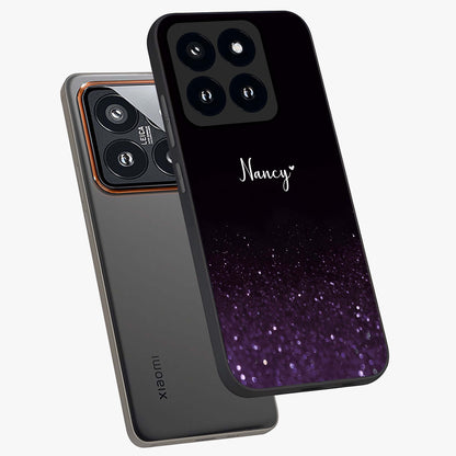 Glittery Purple Bokeh Custom Name Glass Case displayed in angled mockup highlighting glitter bokeh pattern with custom name feature.