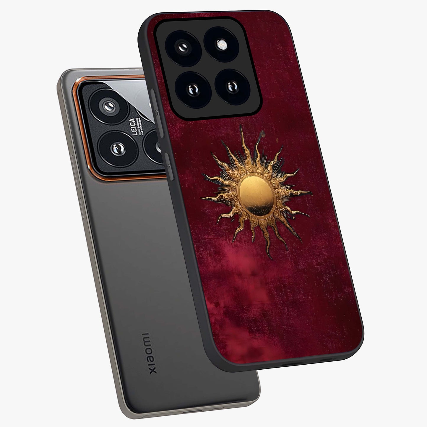 Golden Sun Minimalism Glass Case displayed in angled mockup highlighting clean sun symbol design with modern minimal aesthetic.