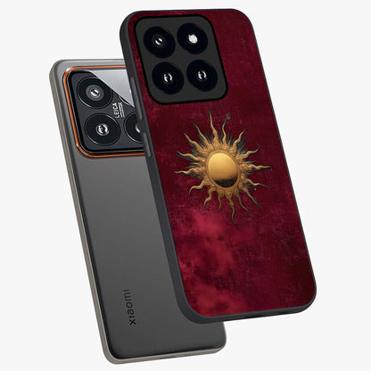 Golden Sun Minimalism Glass Case displayed in angled mockup highlighting clean sun symbol design with modern minimal aesthetic.
