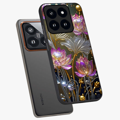 Golden Floral Majesty Glass Case displayed in angled mockup highlighting elegant flower design with royal golden aesthetic.