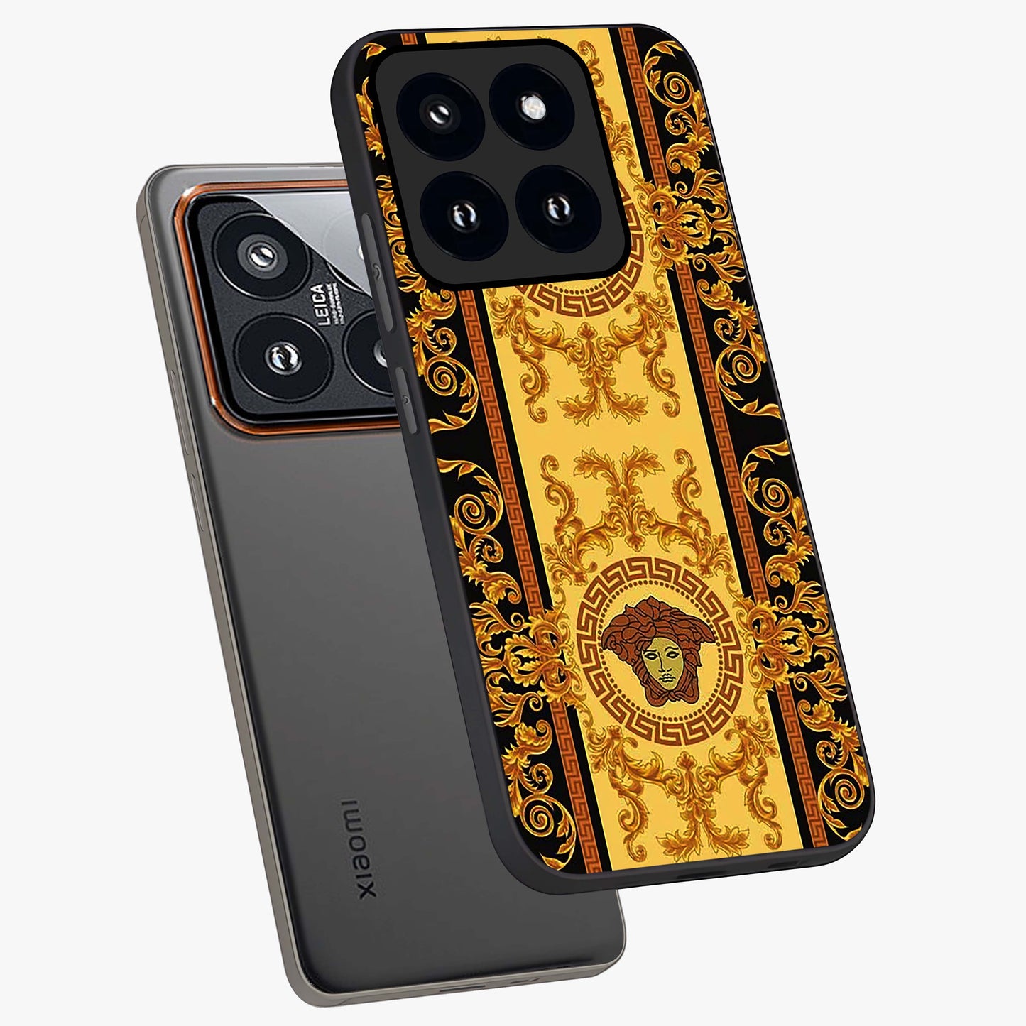 Golden Lotus Glow Glass Case displayed in angled mockup highlighting radiant lotus illustration with spiritual aesthetic.