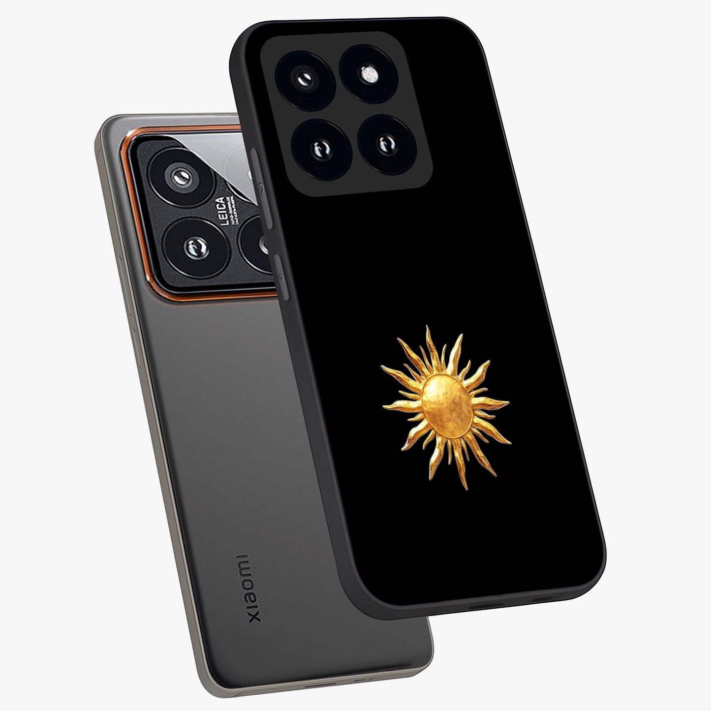 Golden Sun Minimalism Glass Case displayed in angled mockup highlighting eerie shadow illustration with gothic aesthetic.