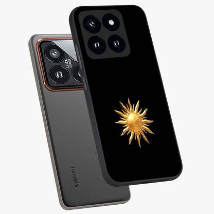 Golden Sun Minimalism Glass Case displayed in angled mockup highlighting eerie shadow illustration with gothic aesthetic.