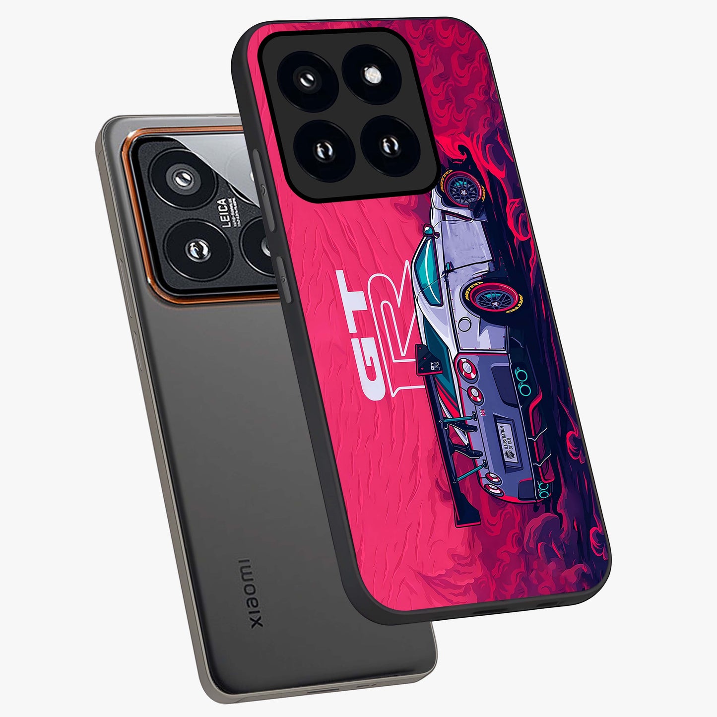 GT-R Car Pattern Glass Case displayed in angled mockup highlighting racing car graphic design with bold automotive aesthetic.