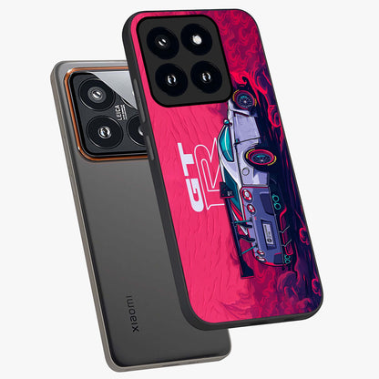 GT-R Car Pattern Glass Case displayed in angled mockup highlighting racing car graphic design with bold automotive aesthetic.