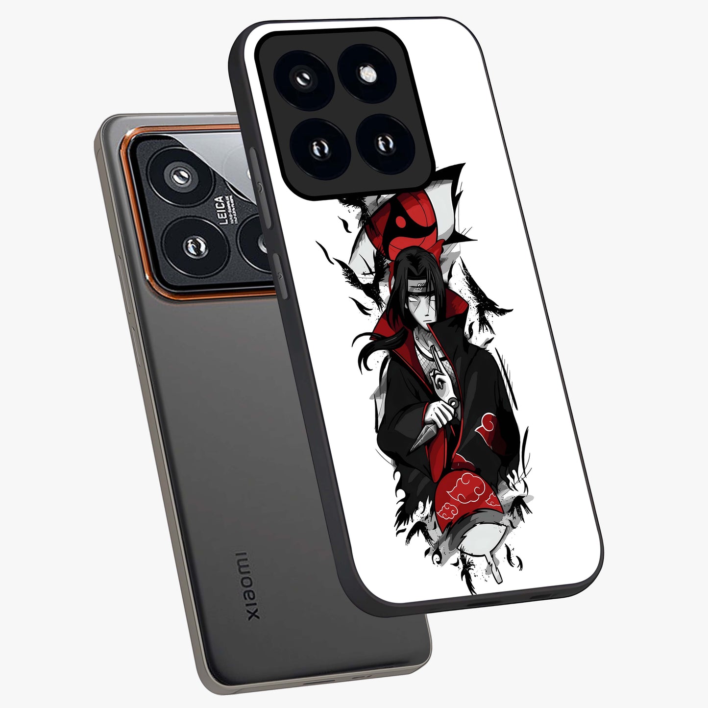 Itachi Limited Edition Naruto Anime Glass Case displayed in angled mockup highlighting dramatic anime illustration with bold action aesthetic.