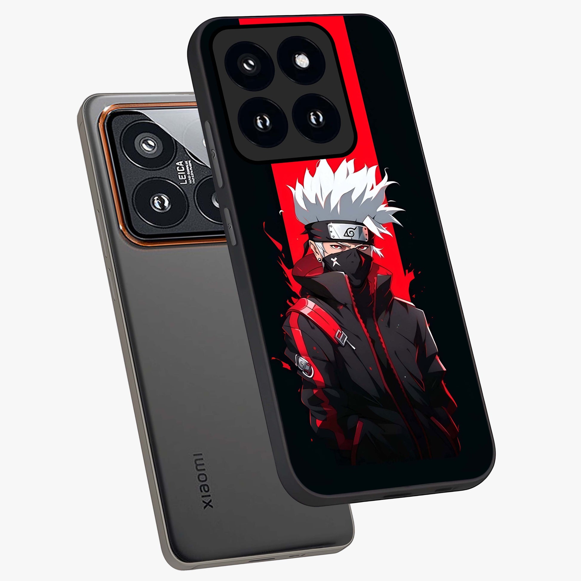 Kakashi Scarlet Shadow Glass Case displayed in angled mockup highlighting dramatic ninja illustration with scarlet themed aesthetic.